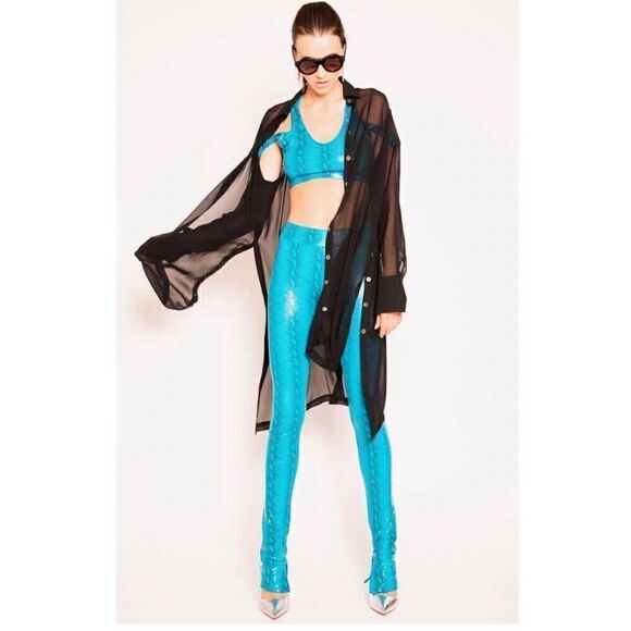 LAKRIS Women Workout Set Blue Snakeskin 2 Pieces Leggings Criscross Bra Size XS - Picture 1 of 16